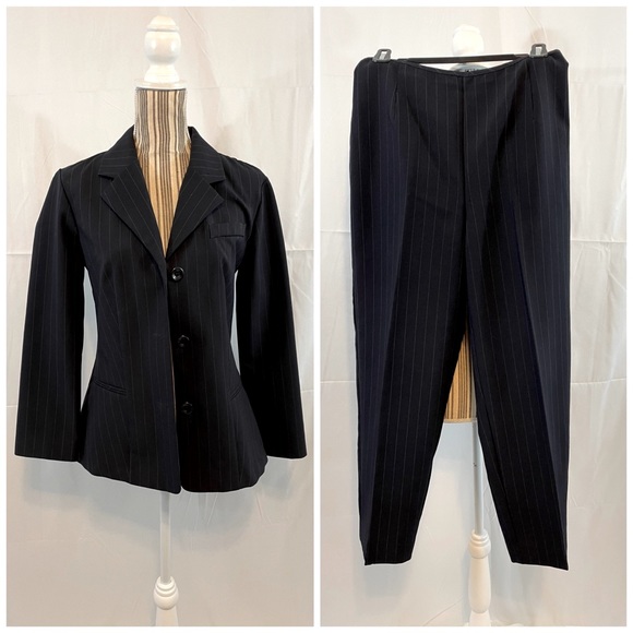 Vintage 90s pin stripe 2 pc suit set jacket & pants size 7 navy white pinstripes - Picture 2 of 16